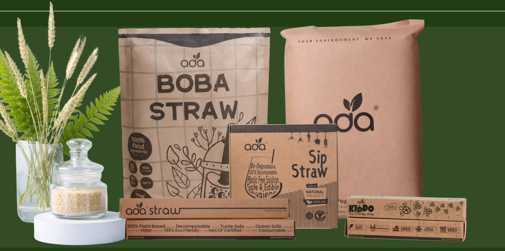 The full ADA straw range including Boba Straw and Sip Straw packaging
