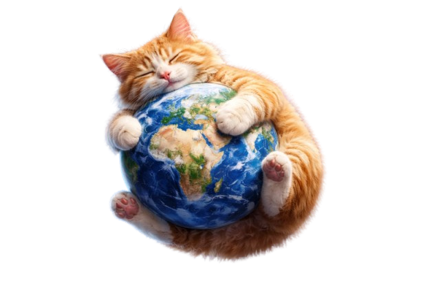 A ginger cat curled around a globe