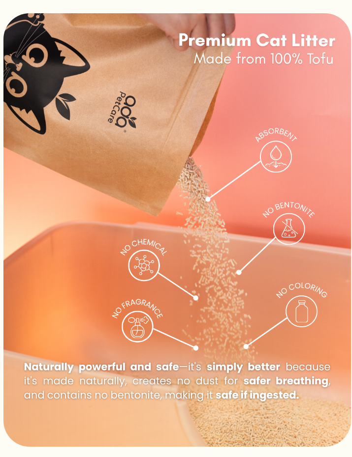 Premium cat litter made from 100% tofu — absorbent, no bentonite, no chemical, no fragrance and no colouring