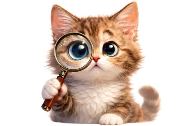 A ginger kitten inspecting ADA cat litter through a magnifying glass